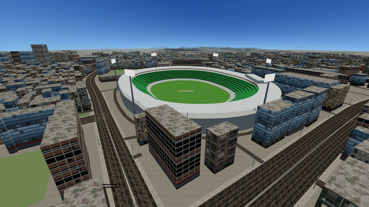 Aerial view of Sher-e-Bangla National Cricket Stadium among the buildings of Mirpur in Mirpur Drive